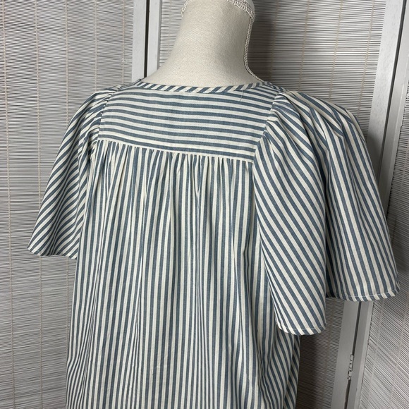 Madewell Top Courtyard Flutter Sleeve Blue Ivory Stripe V Neck Cotton Size XS - Picture 4 of 6